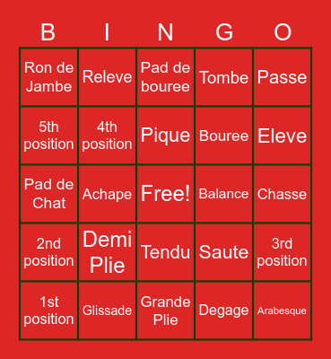 Ballet Christmas Bingo Card