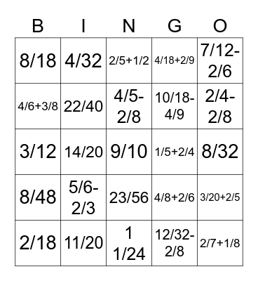 I can add and subtract fractions with unlike denominators Bingo Card