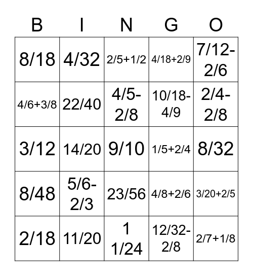 I can add and subtract fractions with unlike denominators Bingo Card
