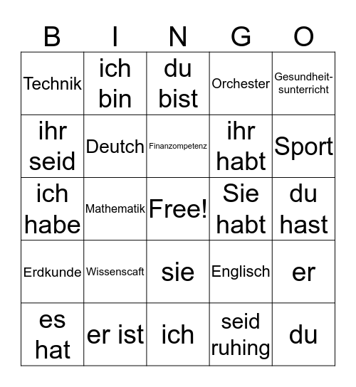 German Words and Phrashes Bingo Card