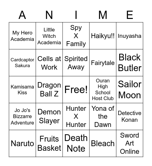 Winter Anime Bingo Card