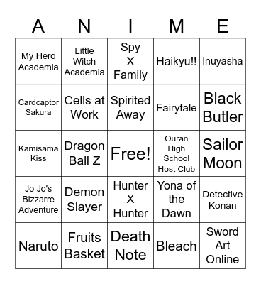 Winter Anime Bingo Card