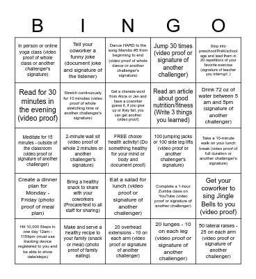 Lunch Time Losers Wellness Challenge Bingo Card