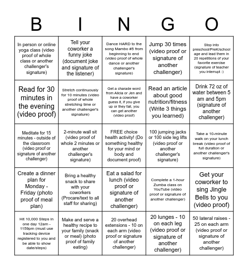 Lunch Time Losers Wellness Challenge Bingo Card