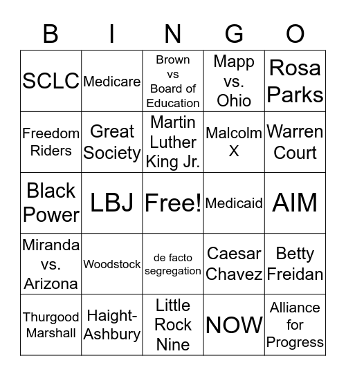 Civil Rights Bingo Card