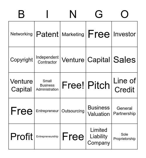 Entrepreneurship Vocabulary Bingo Card