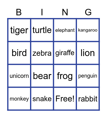 Animals Bingo Card