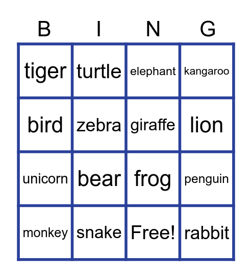 Animals Bingo Card