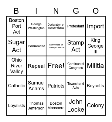 Road to the American Revolution Bingo Card