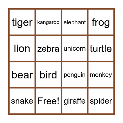 Animals Bingo Card