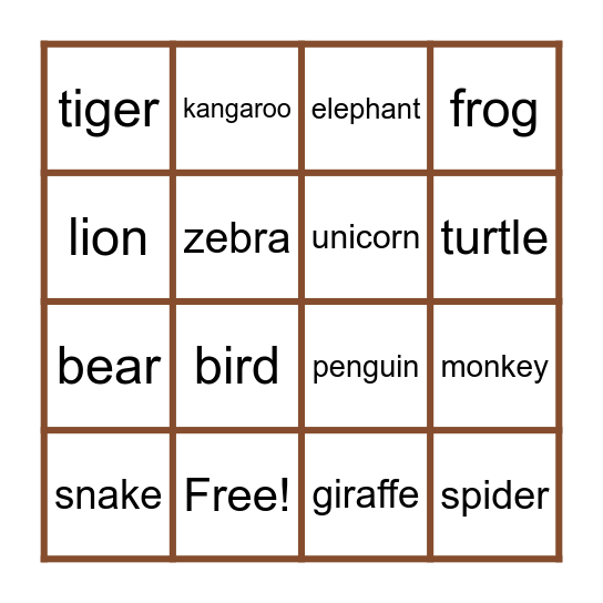 Animals Bingo Card