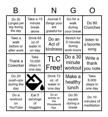 TLC Workplace Wellness Bingo Card