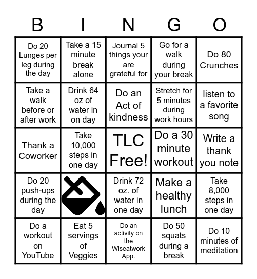 TLC Workplace Wellness Bingo Card