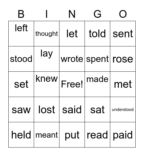 Irregular Verbs Bingo Card