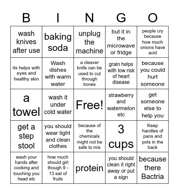 Food safety BINGO Card