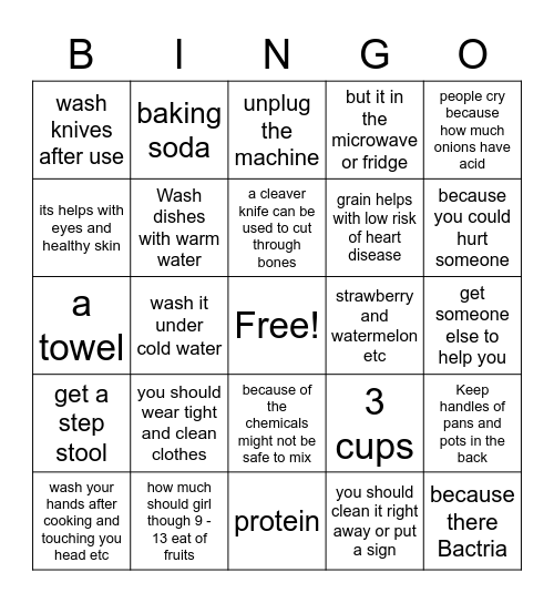 Food safety BINGO Card