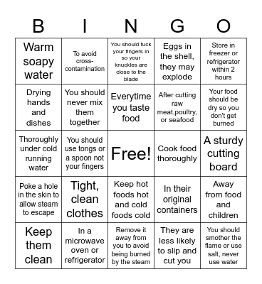 Food safety Bingo Card