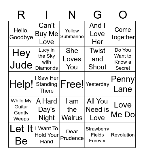 Beatles Bingo Card