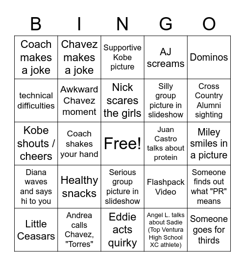 Cross Country 2022 Banquet Bingo Card