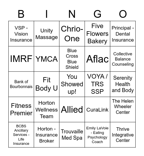 Wellness Benefit Fair BINGO Card