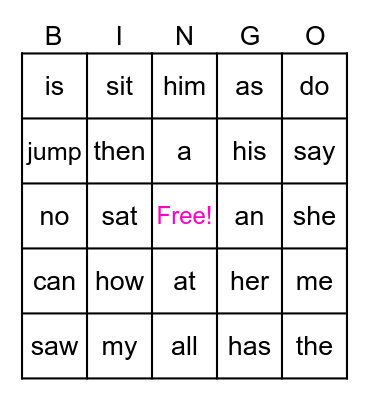 Kindergarten Sight Words #1 Bingo Card