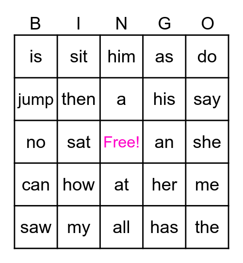 Kindergarten Sight Words #1 Bingo Card