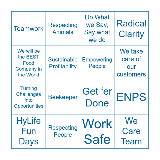 HyLife Core Values Bingo Card