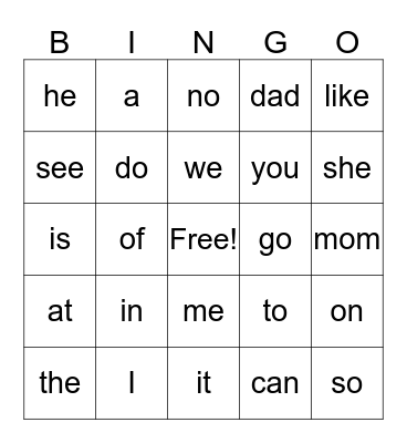 SIGHT WORDS BINGO Card