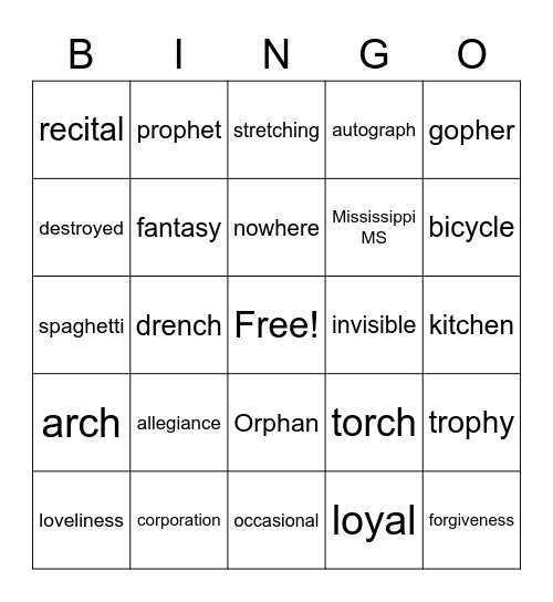 Spelling Bingo Card