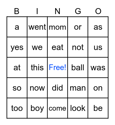 Kindergarten Sight Words #2 Bingo Card