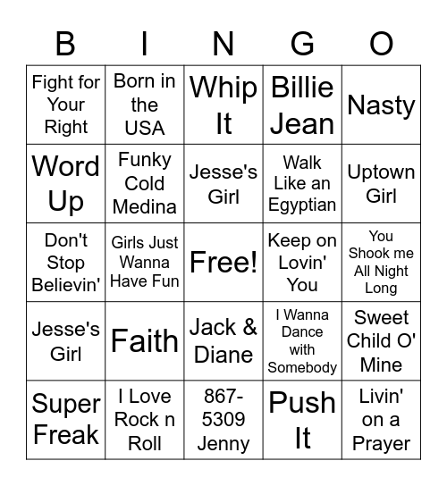 80's Bingo Card