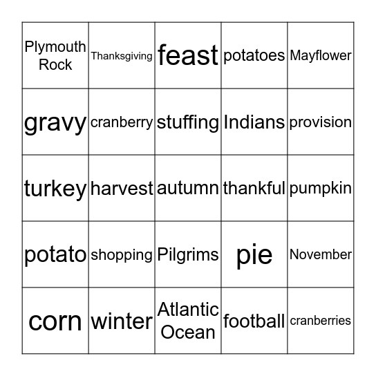 Thanksgiving Words Bingo Card