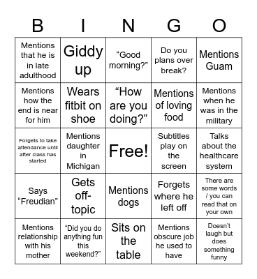 Mr. Price Bingo Card