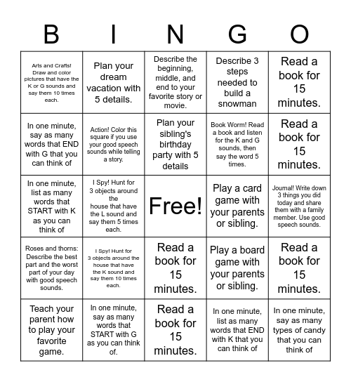 Winter Homework Bingo Card