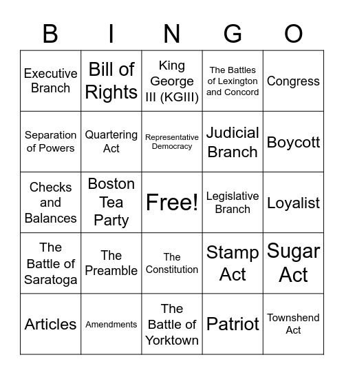 Constitution/Revolution Bingo Card