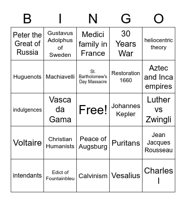 Euro History Mid term review Bingo Card