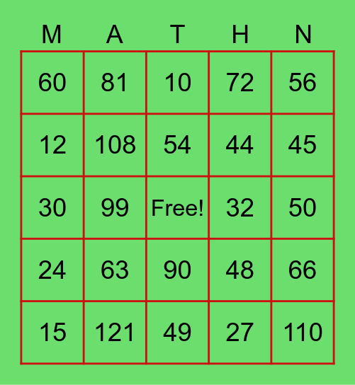 Mental Mathin' X Bingo Card