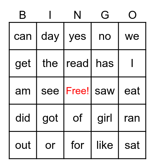 Kindergarten Sight Words #2 Bingo Card
