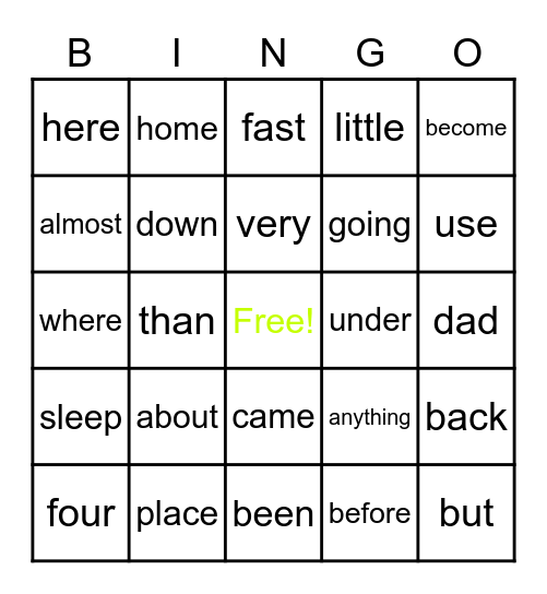 First Grade Sight Word Bingo #1 Bingo Card