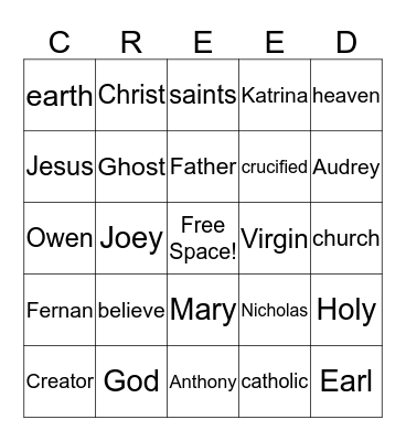 The Creed Bingo Card