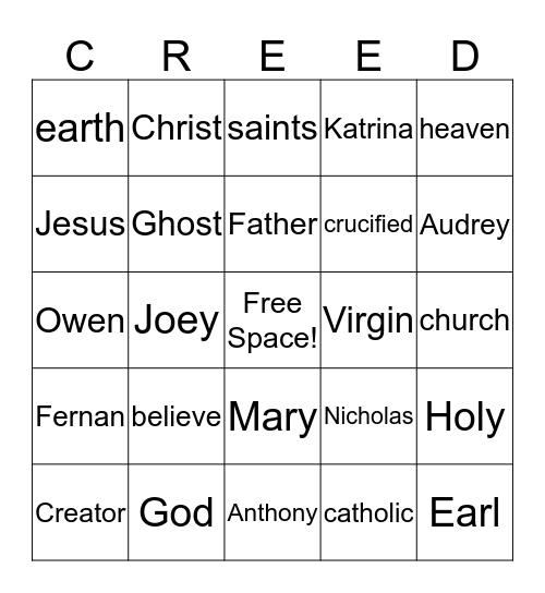 The Creed Bingo Card