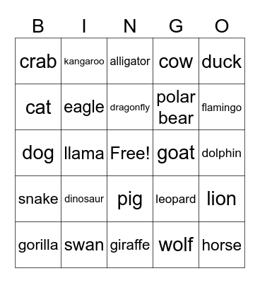 Animals Bingo Card