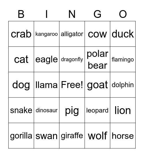 Animals Bingo Card