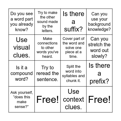 Word Attack Strategies Bingo Card