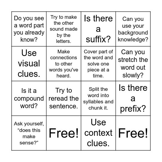 Word Attack Strategies Bingo Card