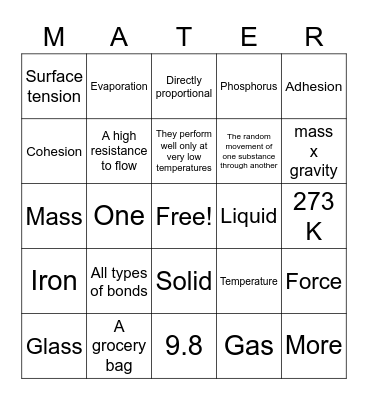 States of Matter Bingo Card