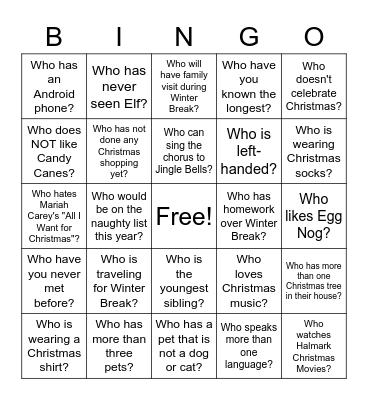 NHS Christmas Party Bingo Card