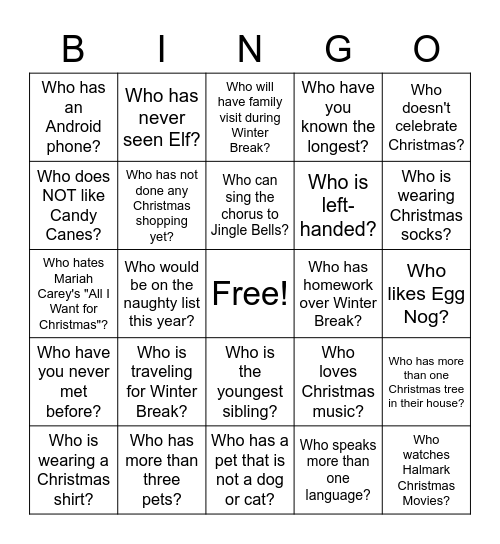 NHS Christmas Party Bingo Card