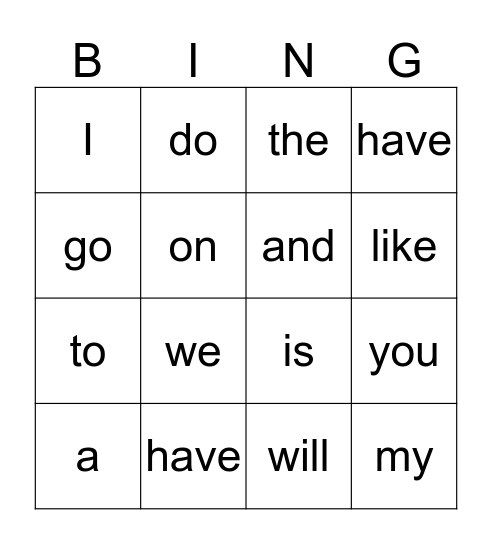 Sight Word Bingo Card