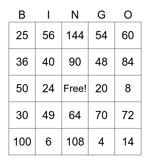 Multiplication Product Bingo Card